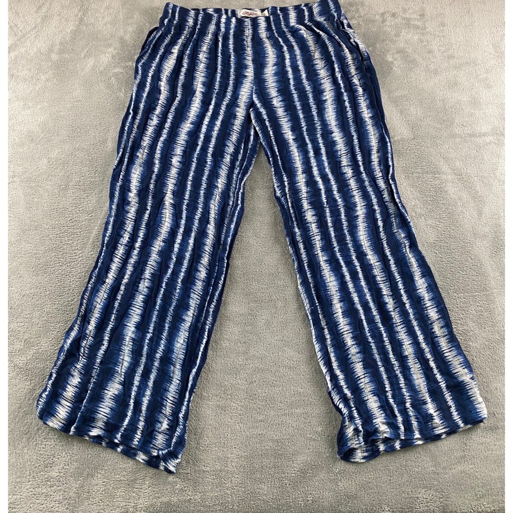 One 5 One Blue White Tie Dye Striped Wide Leg Crinkle Pants Womens Large